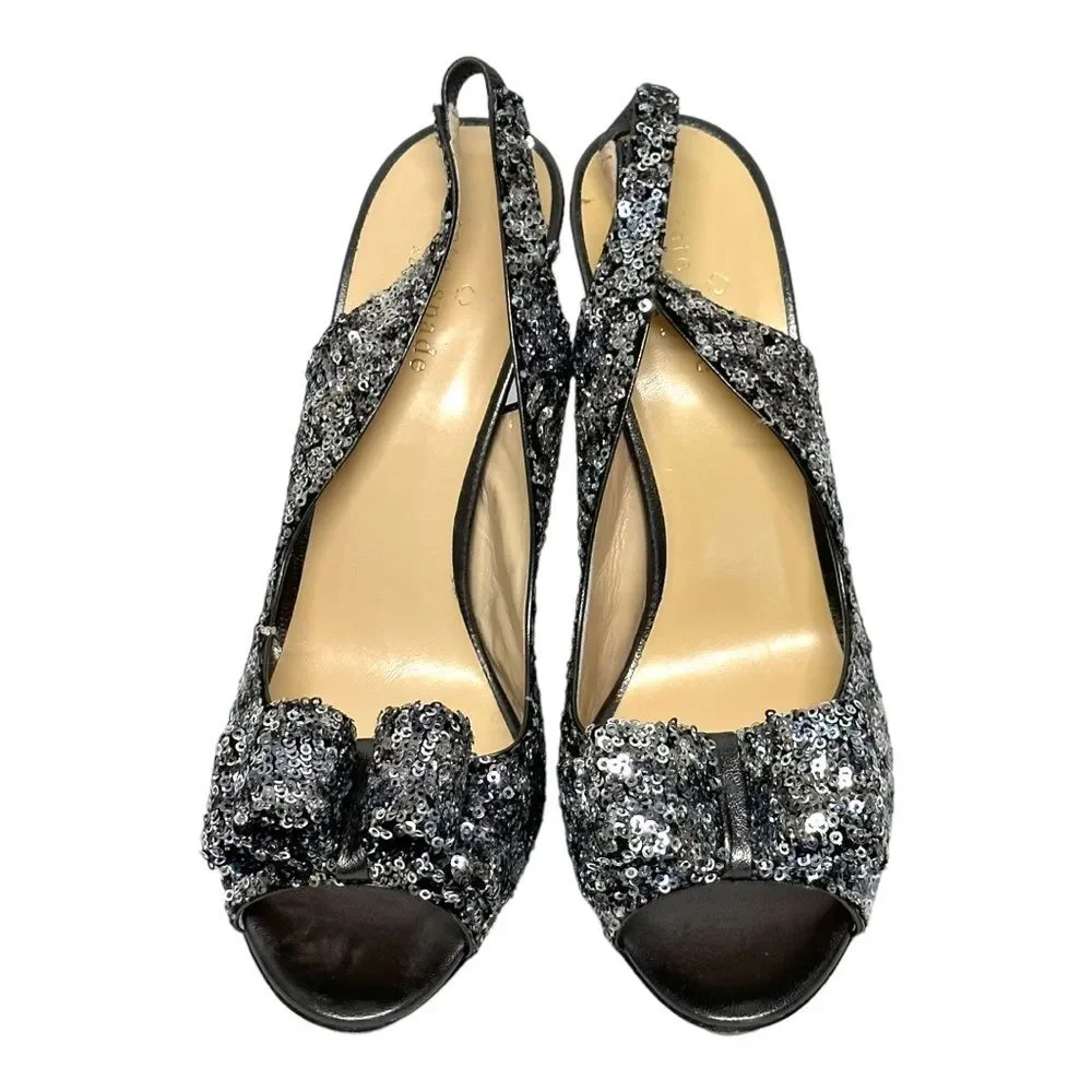 KATE SPADE Charm Micro Sequin Silver Slingback Pumps Heels Peep Toe Bow 8